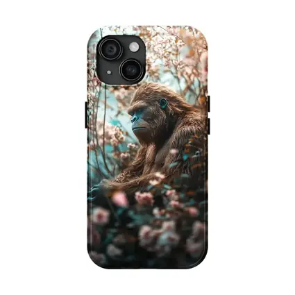 Gorilla Among Pink Blossoms Floral Background