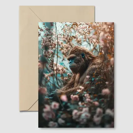 Gorilla Among Pink Blossoms Floral Background