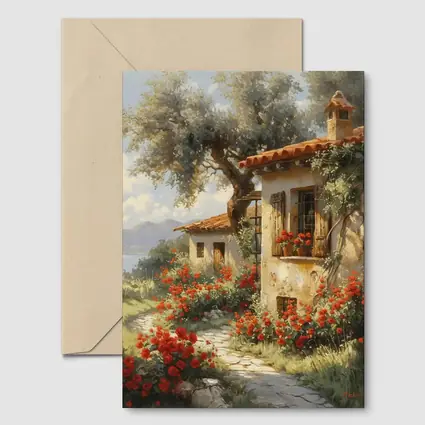 Mediterranean Cottage Garden Red Roses Painting