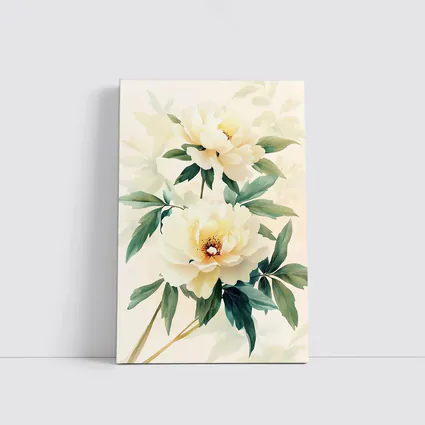 White Peony Flowers Soft Beige Watercolor Art