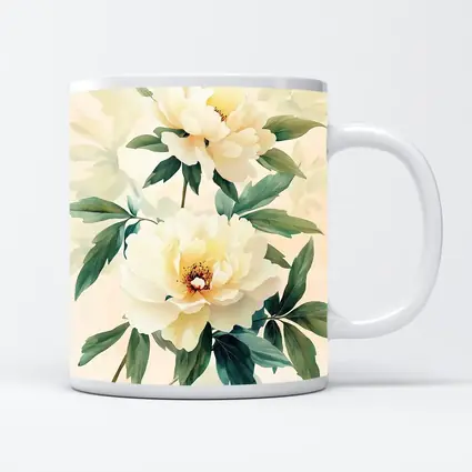 White Peony Flowers Soft Beige Watercolor Art