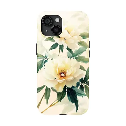 White Peony Flowers Soft Beige Watercolor Art