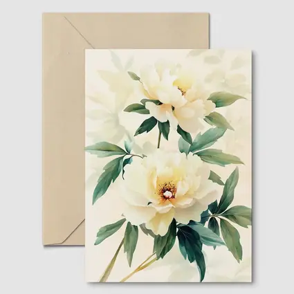 White Peony Flowers Soft Beige Watercolor Art