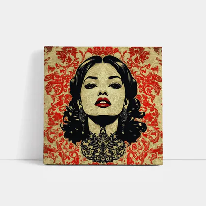 Woman Portrait Red Damask Floral Background