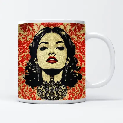 Woman Portrait Red Damask Floral Background