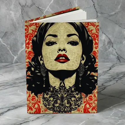 Woman Portrait Red Damask Floral Background