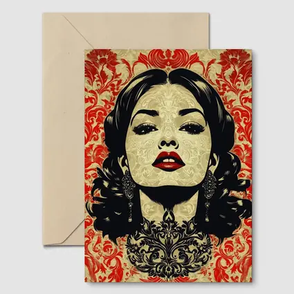 Woman Portrait Red Damask Floral Background