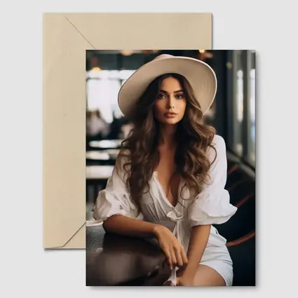 Woman White Hat Cafe Interior Portrait