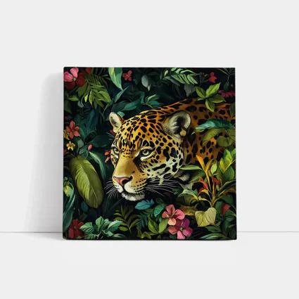 Jaguar Prowling Through Tropical Jungle Flowers