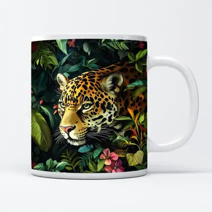 Jaguar Prowling Through Tropical Jungle Flowers
