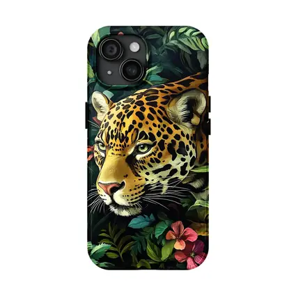 Jaguar Prowling Through Tropical Jungle Flowers