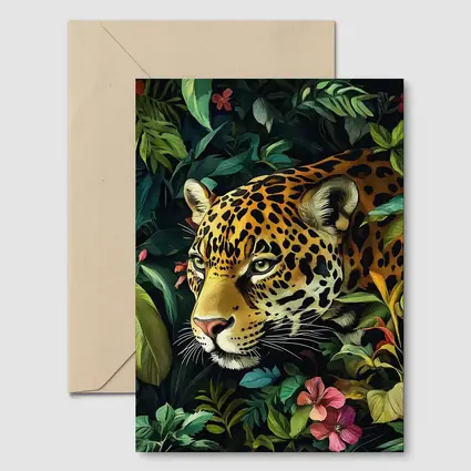 Jaguar Prowling Through Tropical Jungle Flowers