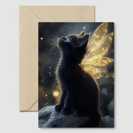 Black Kitten Fairy Wings Starry Night Sky