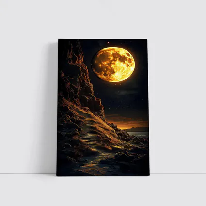 Giant Golden Moon Over Rocky Coastal Cliffs