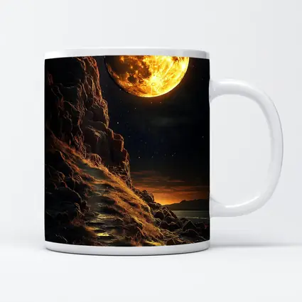 Giant Golden Moon Over Rocky Coastal Cliffs