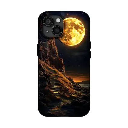 Giant Golden Moon Over Rocky Coastal Cliffs