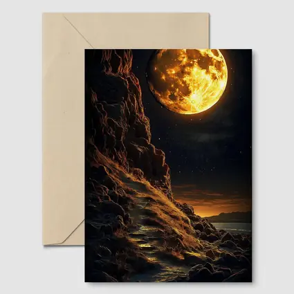 Giant Golden Moon Over Rocky Coastal Cliffs