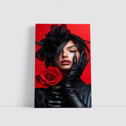 Woman Black Gloves Red Rose Fashion Portrait