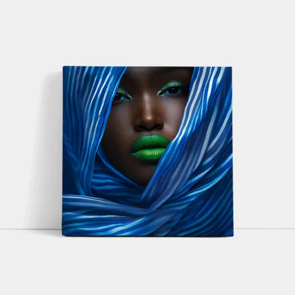 Woman Green Lips Blue Striped Fabric Portrait