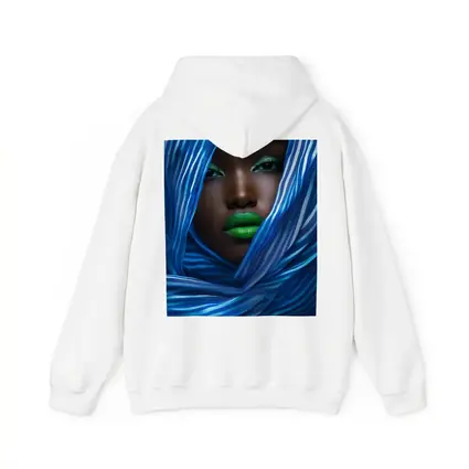 Woman Green Lips Blue Striped Fabric Portrait