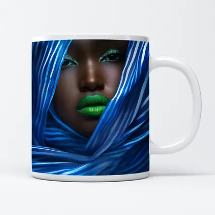 Woman Green Lips Blue Striped Fabric Portrait
