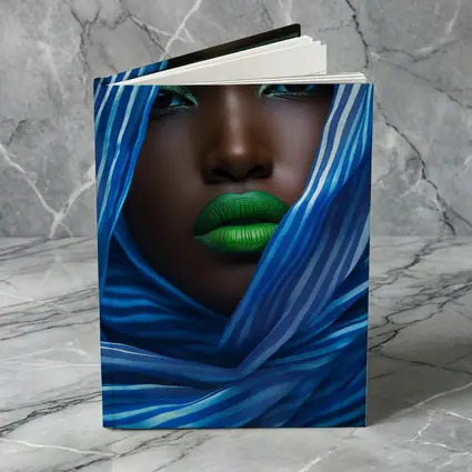 Woman Green Lips Blue Striped Fabric Portrait