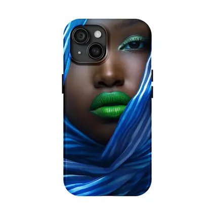 Woman Green Lips Blue Striped Fabric Portrait