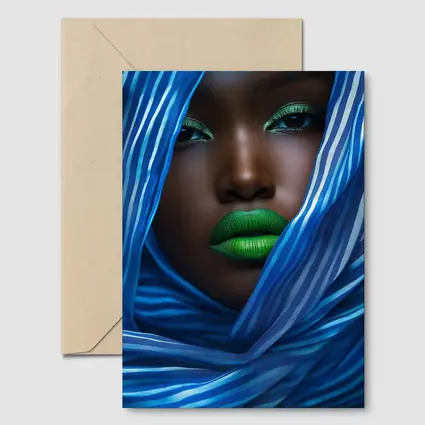 Woman Green Lips Blue Striped Fabric Portrait