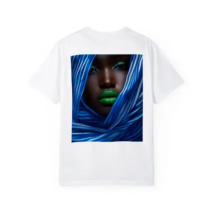 Woman Green Lips Blue Striped Fabric Portrait