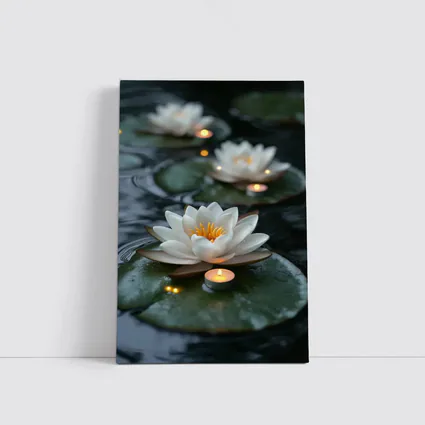 White Lotus Flowers Floating on Dark Water