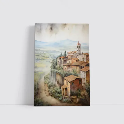 Tuscan Hilltop Village Watercolor Painting Art