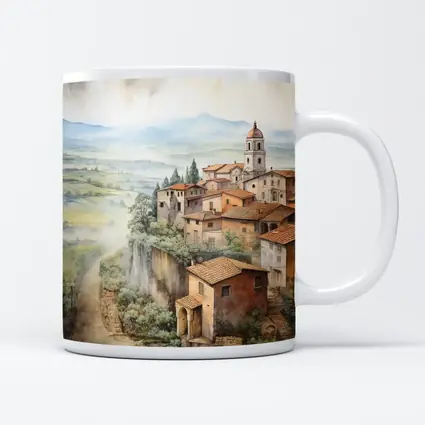 Tuscan Hilltop Village Watercolor Painting Art