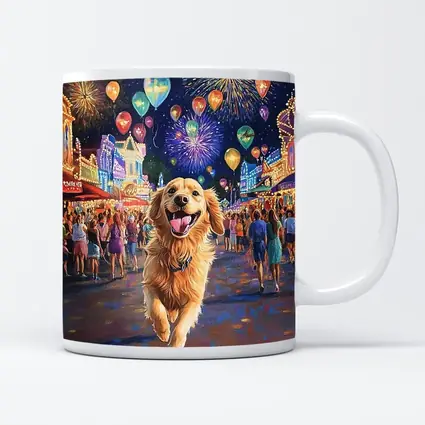Happy Golden Retriever Running Carnival Fireworks Night
