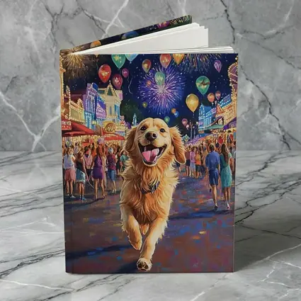 Happy Golden Retriever Running Carnival Fireworks Night