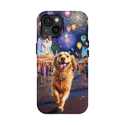 Happy Golden Retriever Running Carnival Fireworks Night