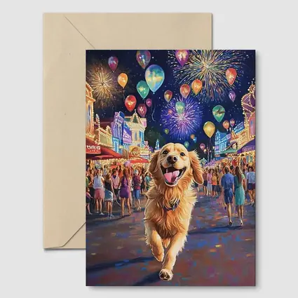 Happy Golden Retriever Running Carnival Fireworks Night