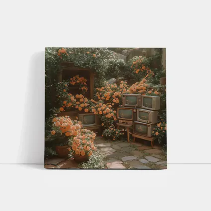 Vintage Televisions Surrounded by Orange Roses Garden