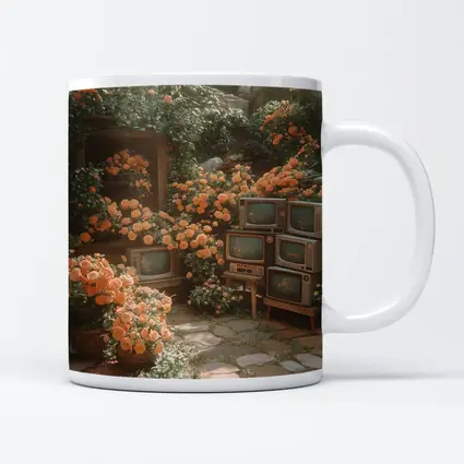 Vintage Televisions Surrounded by Orange Roses Garden