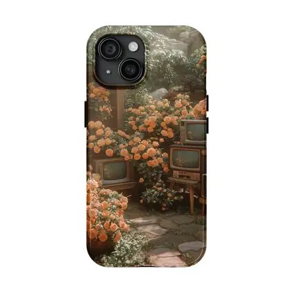 Vintage Televisions Surrounded by Orange Roses Garden