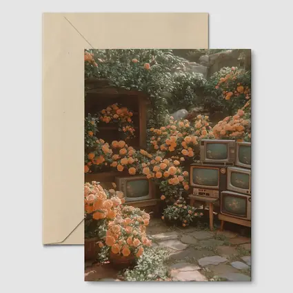 Vintage Televisions Surrounded by Orange Roses Garden