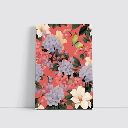 Pink Hydrangeas Butterflies Floral Pattern Coral Background
