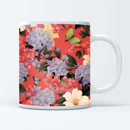 Pink Hydrangeas Butterflies Floral Pattern Coral Background