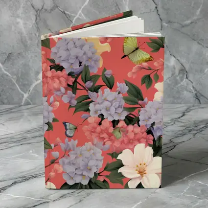 Pink Hydrangeas Butterflies Floral Pattern Coral Background