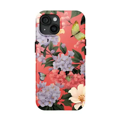 Pink Hydrangeas Butterflies Floral Pattern Coral Background