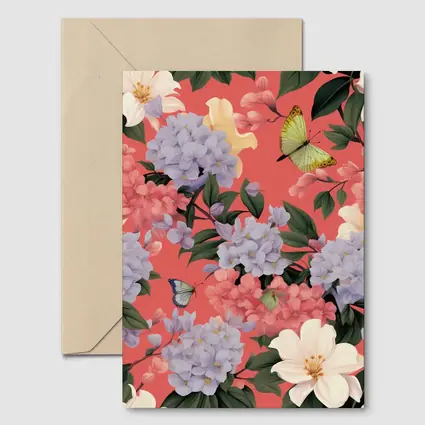 Pink Hydrangeas Butterflies Floral Pattern Coral Background