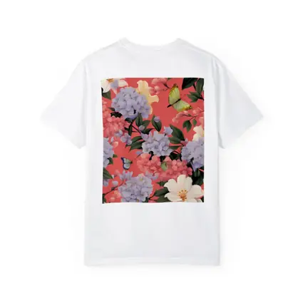 Pink Hydrangeas Butterflies Floral Pattern Coral Background
