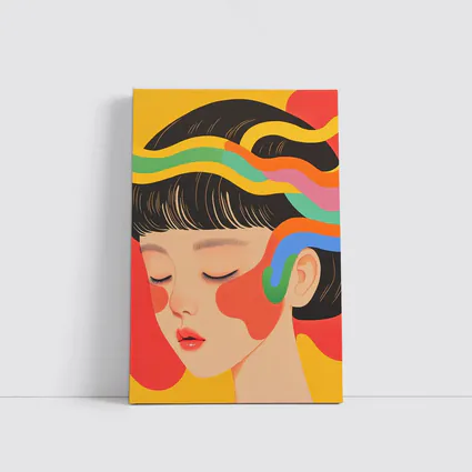 Japanese Woman Illustration Bold Colorful Waves