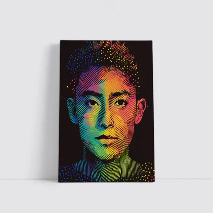 Rainbow Halftone Young Man Portrait Dark Background