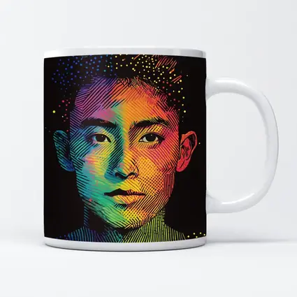 Rainbow Halftone Young Man Portrait Dark Background