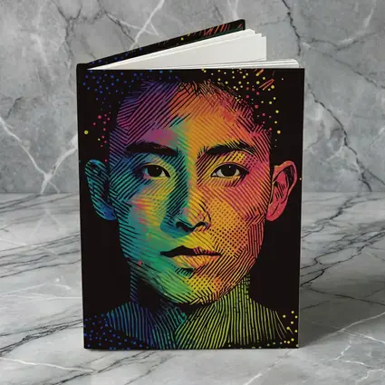 Rainbow Halftone Young Man Portrait Dark Background